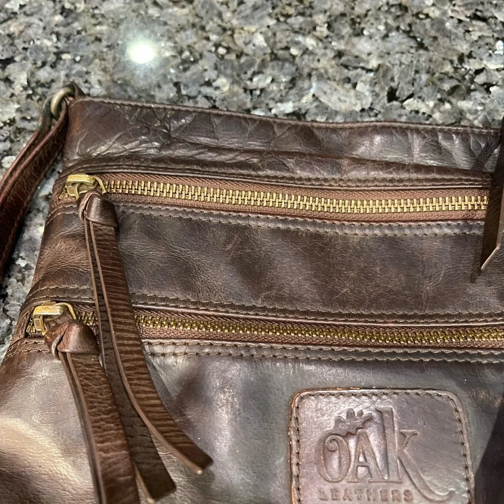 Oak Leathers Dark Brown Leather Crossbody Bag with Double Zip Front